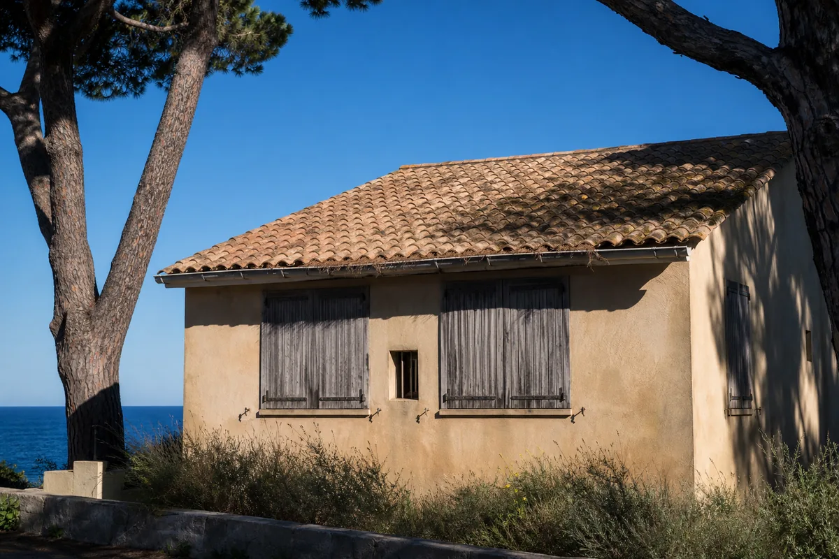 Maison de bord de mer aux volets clos, toiture en tuile canal patinée sous des pins parasols