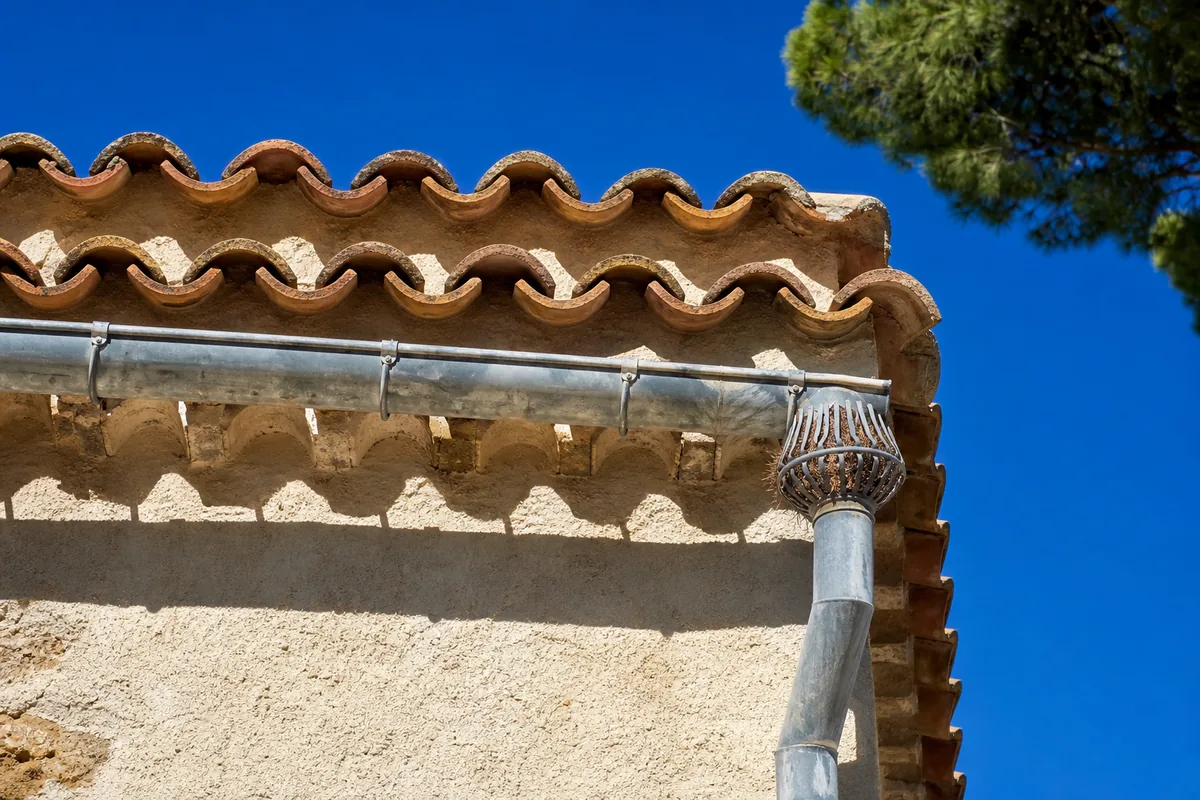 Génoise provençale et gouttière en zinc d&rsquo;une bastide varoise sous un ciel bleu franc