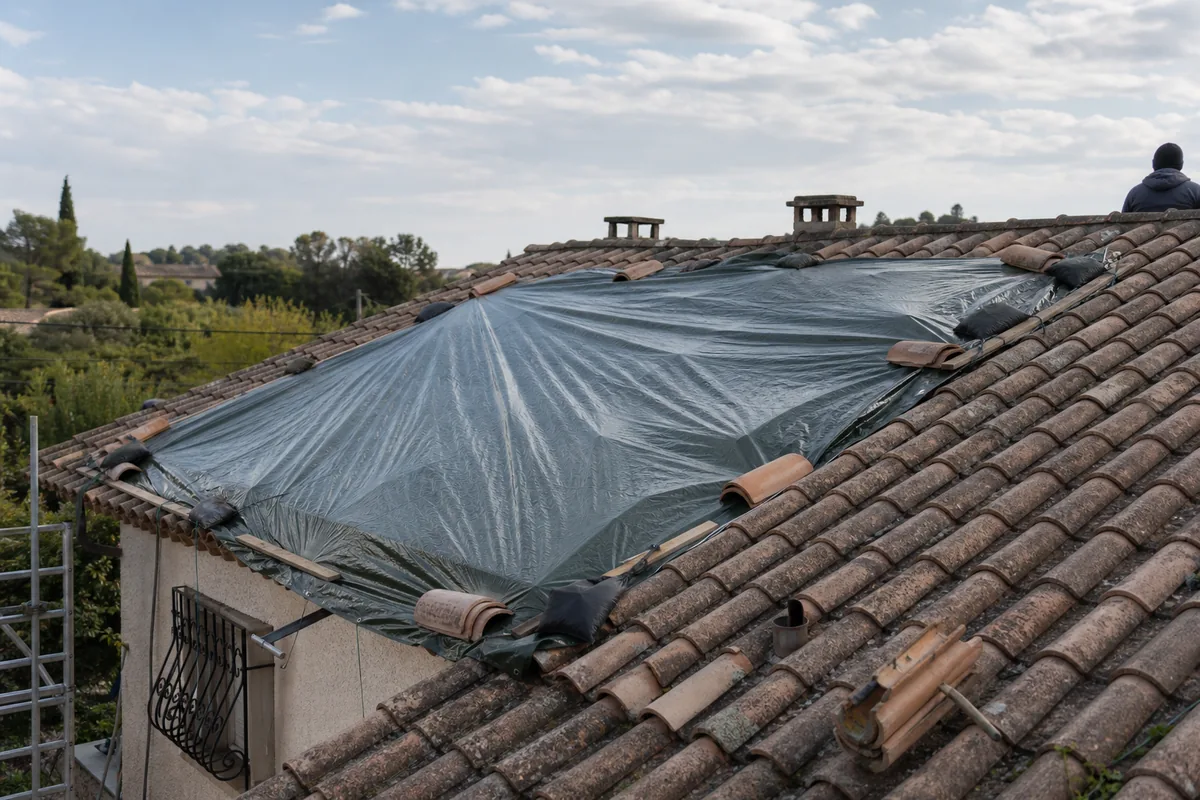 Bâche de mise hors d'eau tendue et lestée sur un versant de toiture en tuile canal d'une maison provençale